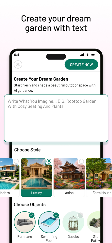 Mobile App-Oberfläche, die die Funktion „Traumgarten mit Text erstellen“ zeigt, einschließlich Stil- und Objektauswahl