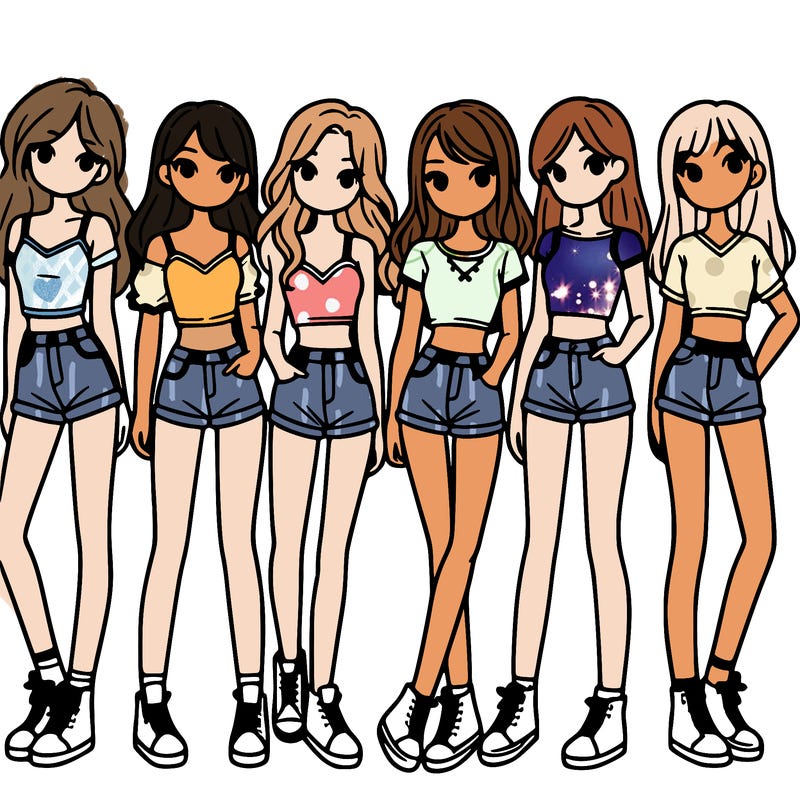 a group of girls wearing crop tops and shorts