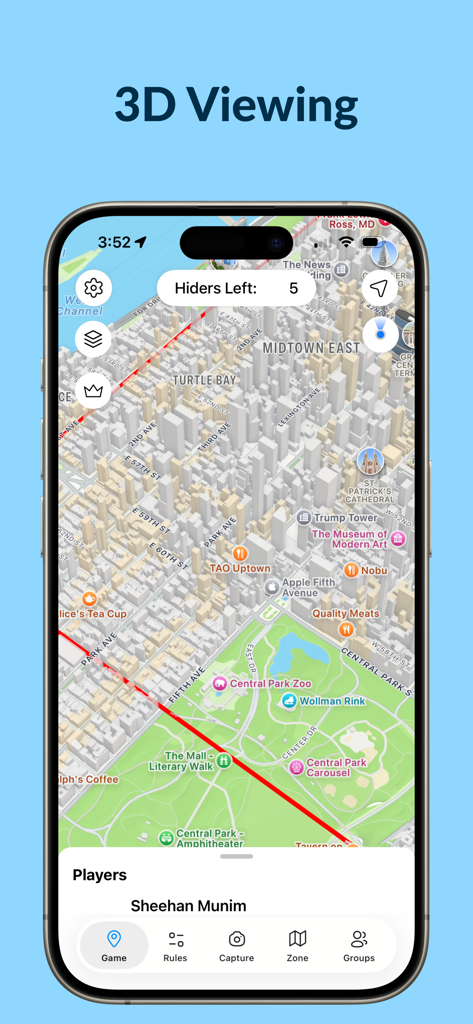 Manhunt: Hide & Seek - Captura de pantalla de la aplicación Manhunt Hide and Seek que muestra un mapa 3D de Midtown East en Nueva York con seguimiento de escondedores y estado del juego.