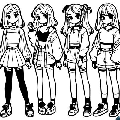 one girl with crop-top shirt and a jacket with a skirt, long socks and another girl with a shirt and pants with a jacket