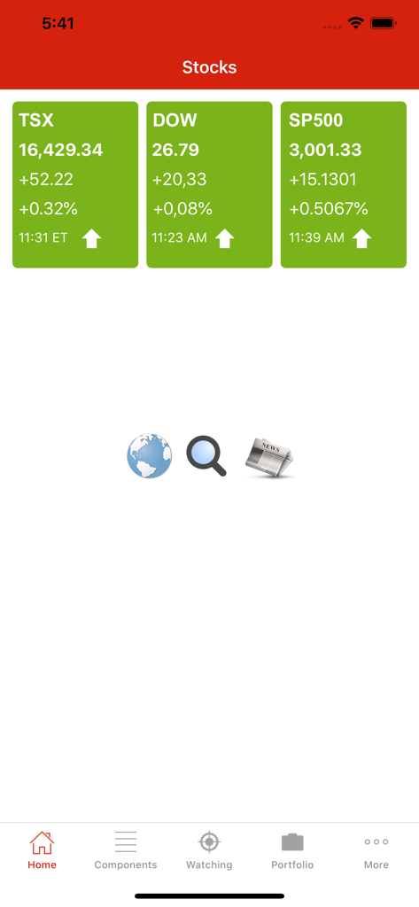 Stocks TSX app home screen displaying Toronto Stock Exchange and US market indices