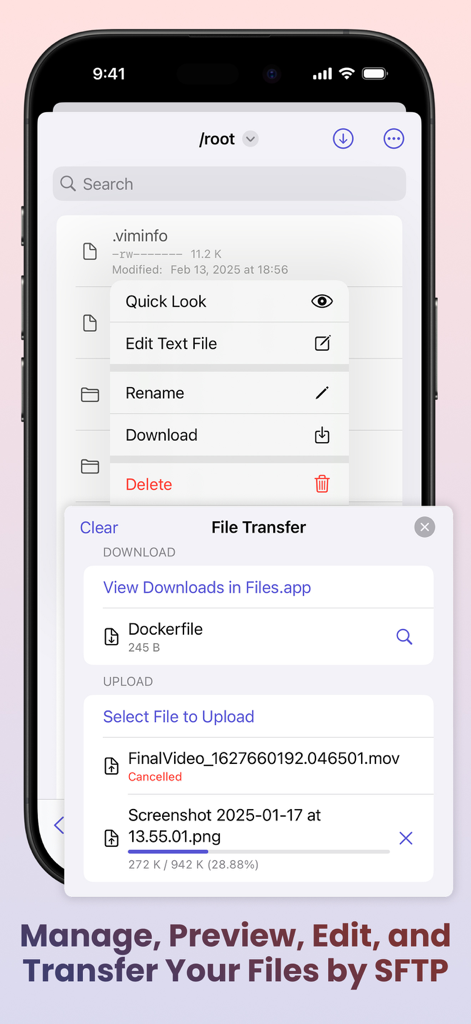 SwiftServer - Monitoring & SSH - SwiftServer app interface showing SFTP file transfer and management options on an iPhone