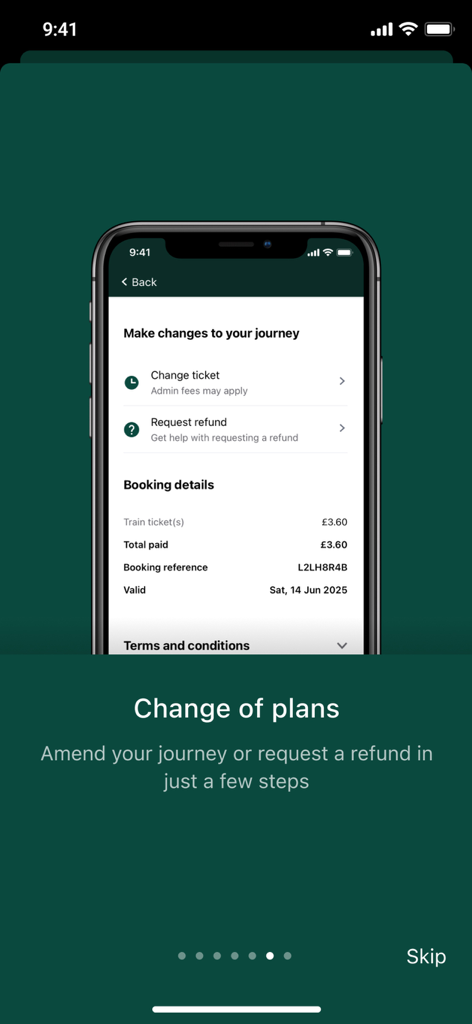 Great Western Railway app screen for changing journeys or requesting refunds