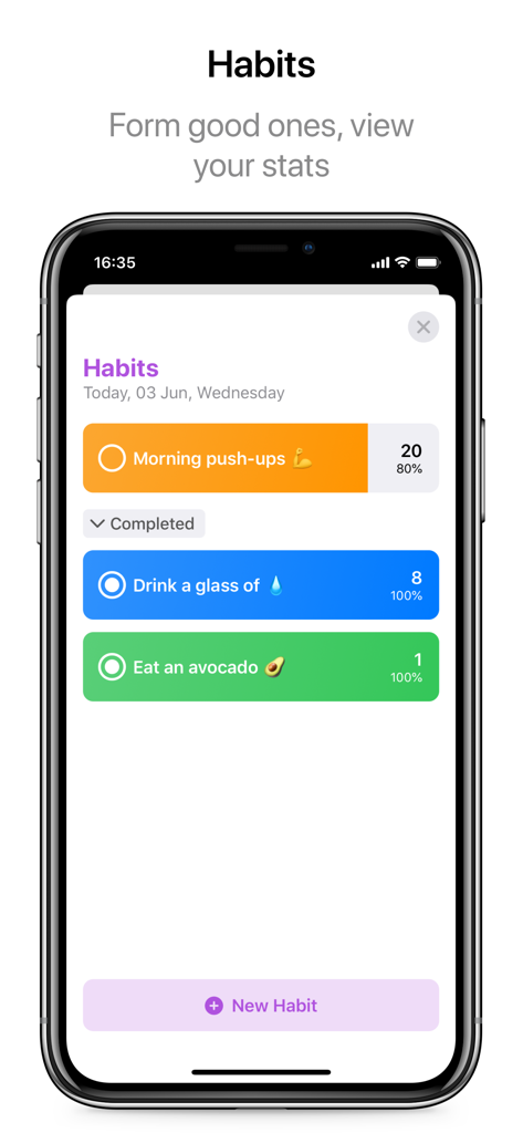 Daily Planner - Schedule App - Habit tracker interface of the Daily Planner app showing progress bars for morning pushups and healthy habits