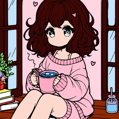 cute anime girl reading book and drinking hot chocolate from mug with loose wavy hair wearing a baggy sweatshirt and shorts sitting by windowsill looking out