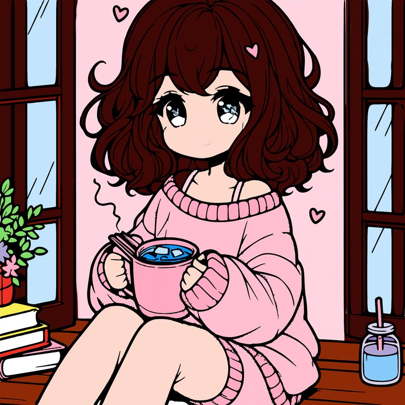 cute anime girl reading book and drinking hot chocolate from mug with loose wavy hair wearing a baggy sweatshirt and shorts sitting by windowsill looking out