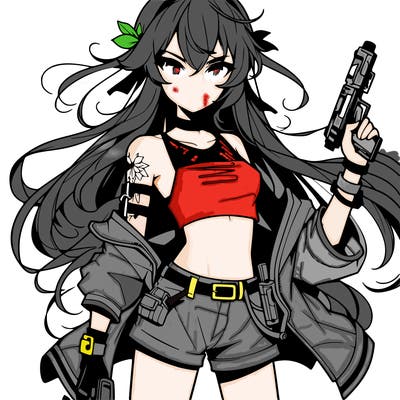 bad girl wearing crop top holding a gun long hair anime