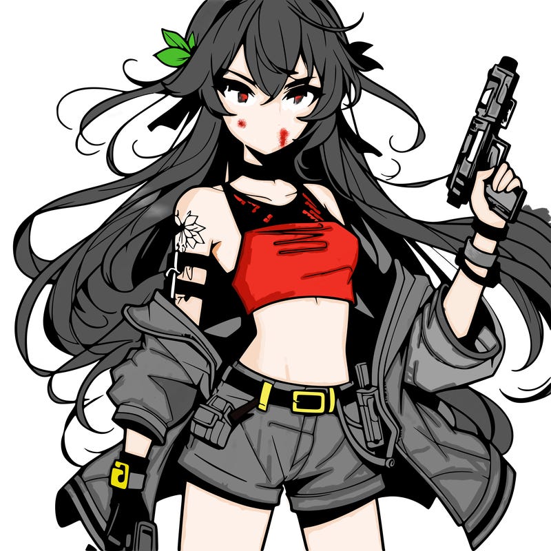 bad girl wearing crop top holding a gun long hair anime
