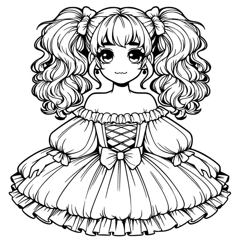 realistic girl in a big poofy dress with her hair up in high pigtails