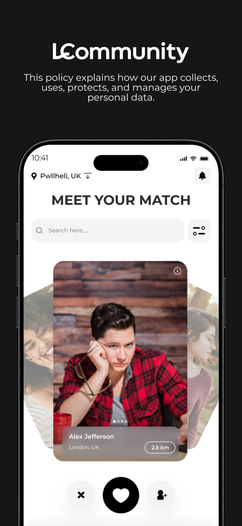 L Community - L Community app screen showing user profile discovery and the Meet Your Match heading