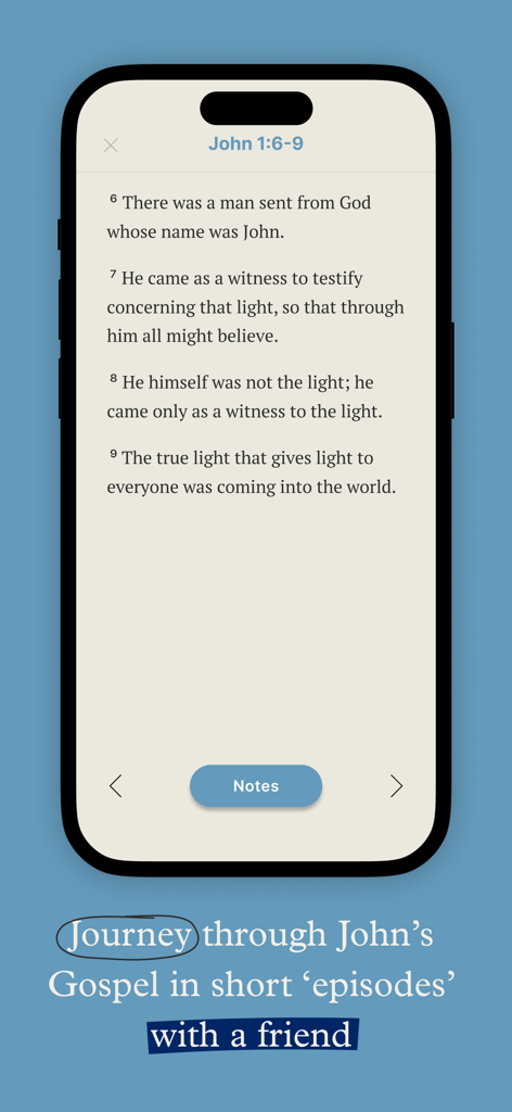 The Word One to One - Interface do aplicativo A Palavra Um a Um exibindo versículos bíblicos do Evangelho de João para leitura compartilhada.