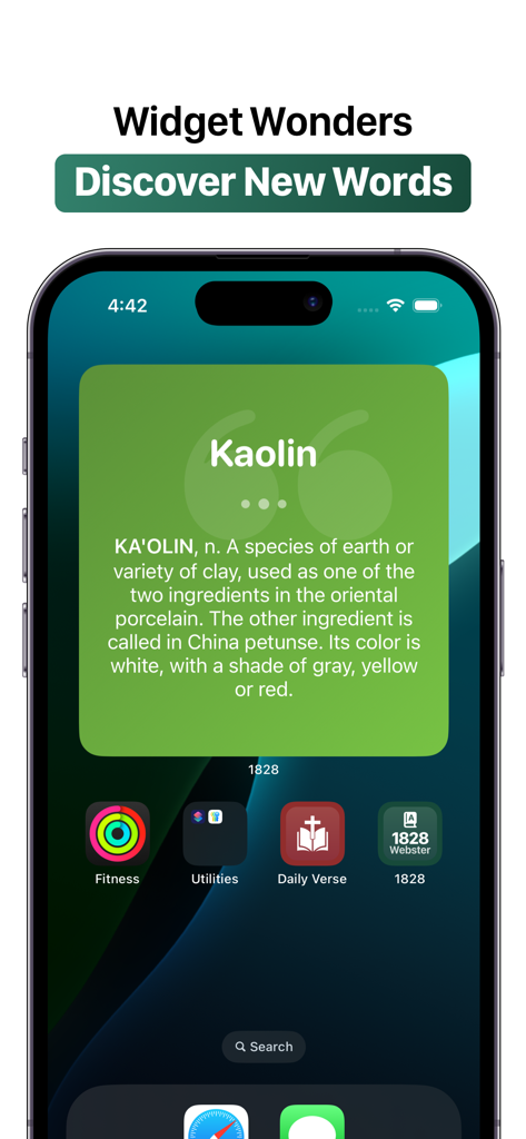 1828 Dictionary - Webster's - iPhone home screen displaying the 1828 Webster Dictionary widget showing the definition for the word Kaolin