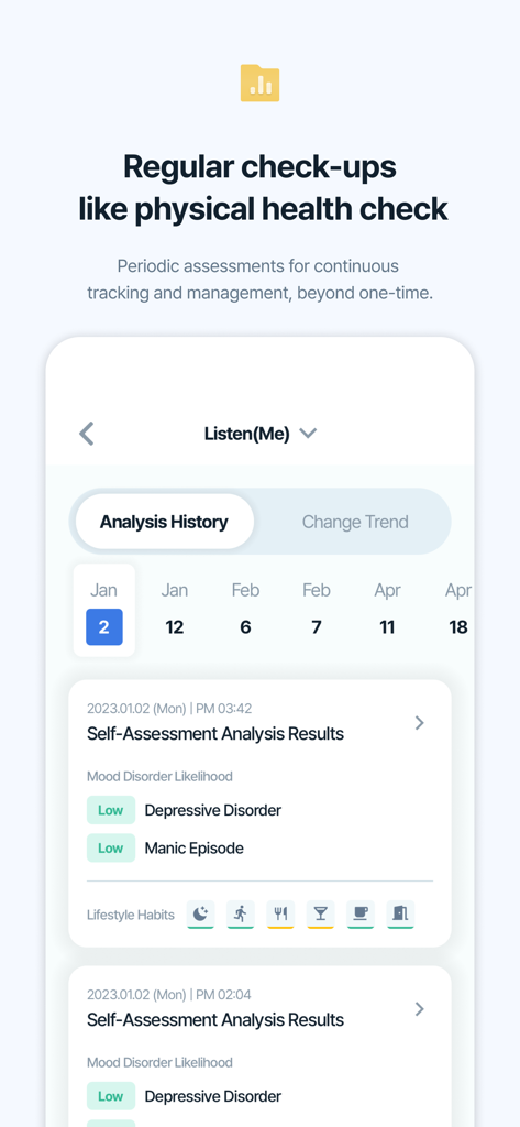 Dr.Listen - Dr.Listen app screen showing a history of mental health self-assessment results and tracking over several months.