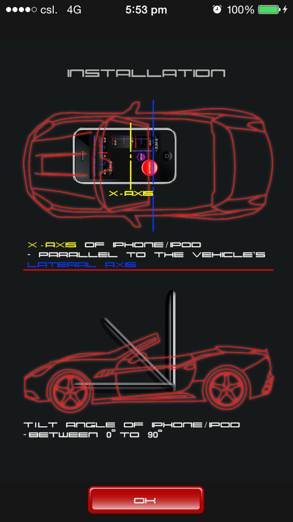 Installation guide for the G FORCE app showing iPhone alignment and tilt angle in a car.