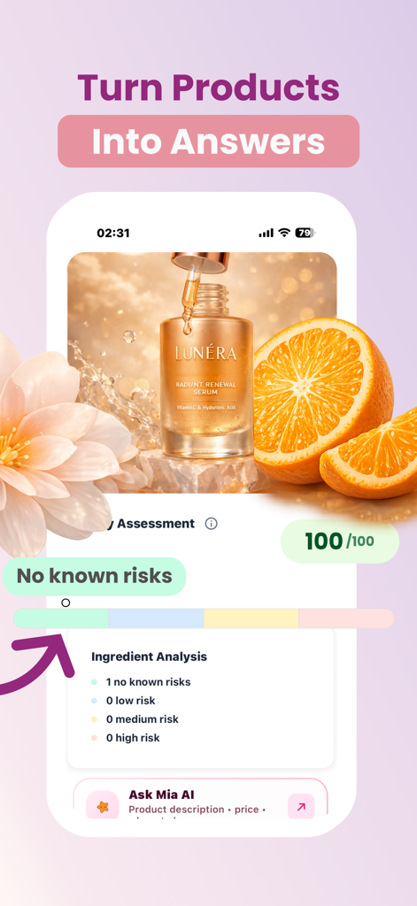 MamaSkin App-Oberfläche zeigt eine 100-prozentige Sicherheitsbewertung und Inhaltsstoffanalyse für schwangerschaftssichere Hautpflege
