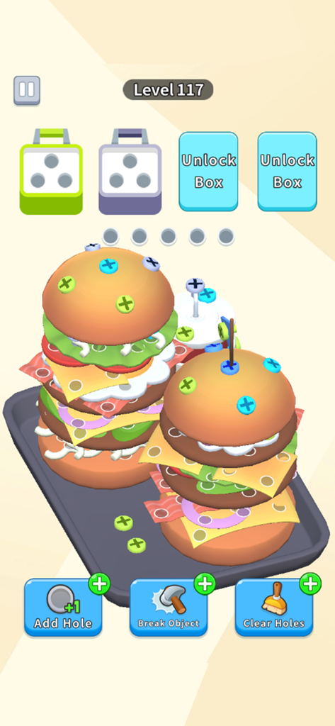 Gameplay of Screw Away 3D Pin Puzzle featuring a hamburger level with colorful pins