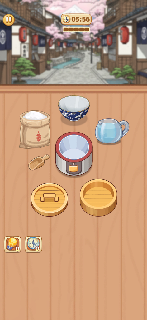 Ein gemütlicher Küchenaufbau in Cookingo mit Reis-Zutaten und traditionellen Keramikschalen auf einem Holztisch.