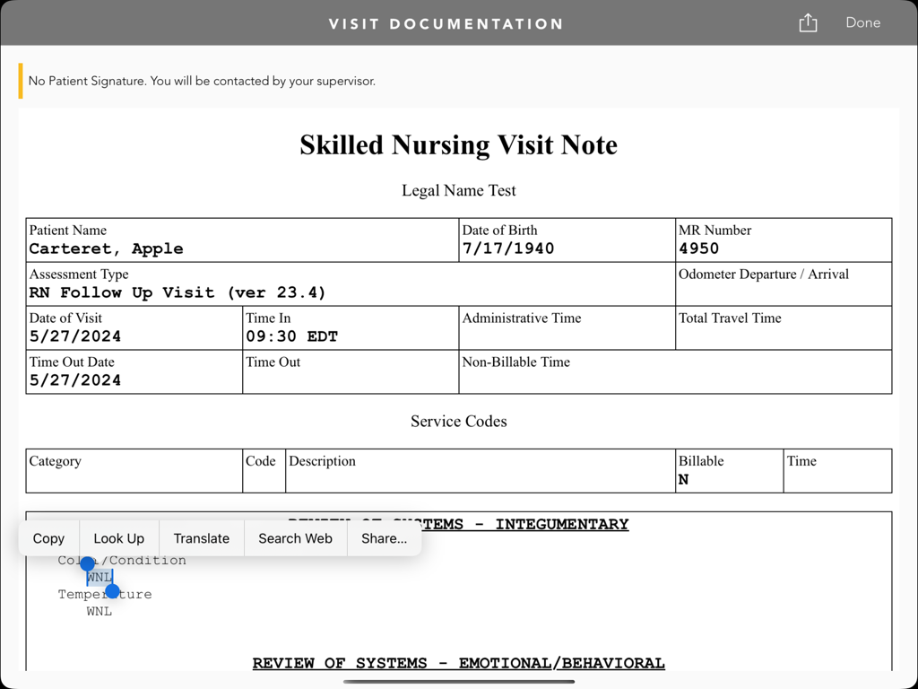 MatrixCare Clinical app interface showing a detailed skilled nursing visit note on an iPad with patient information and assessment fields.