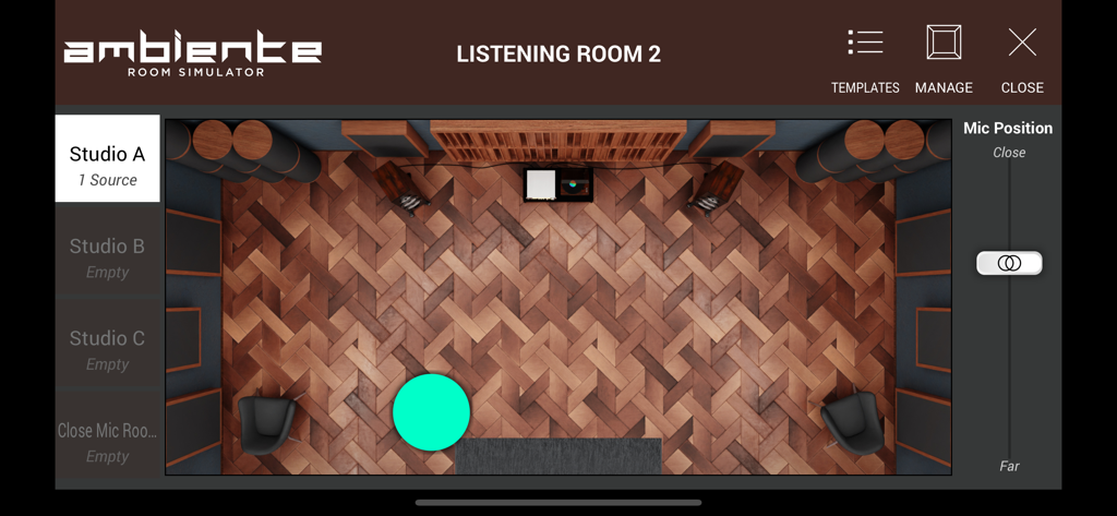 SWAM Violin Section - Interface do simulador de sala Ambiente no aplicativo SWAM Violin Section mostrando uma visão de cima para baixo de um layout de estúdio virtual para posicionamento acústico.