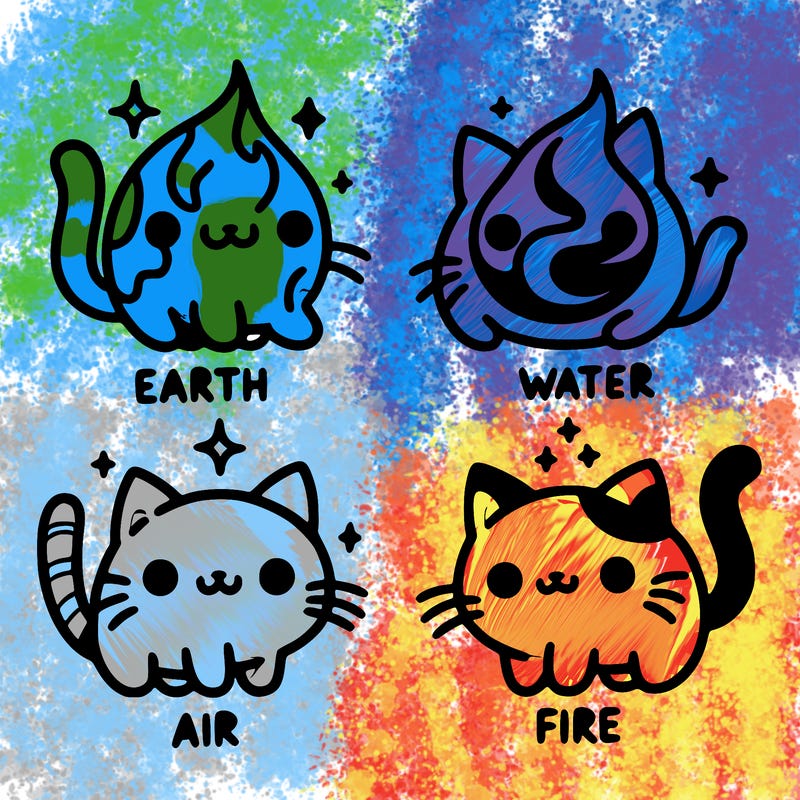 4 cats that represent the different elements, earth, water, air, and fire