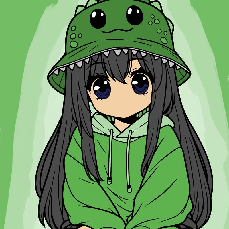 girl with anime shaped eyes with a dinosaur bucket hat oversized sweatshirt long straight hair