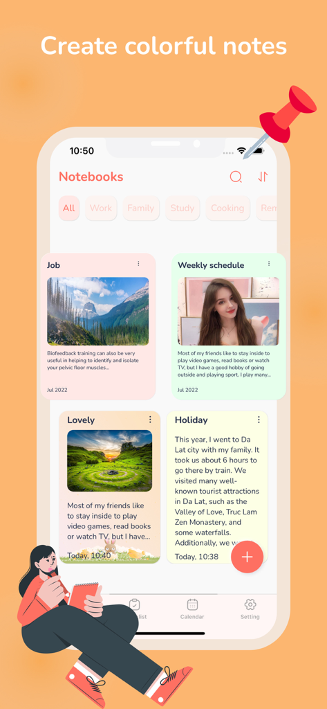 Color Note: Lock Notes Widget - Mobile app interface of Color Note showing organized colorful notes with categories and images
