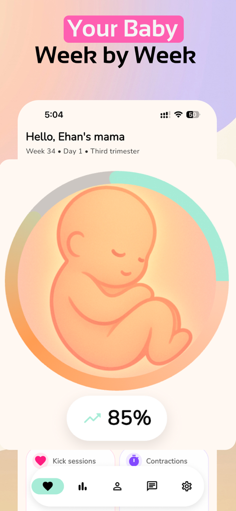 Panel de control de la aplicación de seguimiento de embarazo Bask que muestra el progreso de la semana 34 con una ilustración minimalista de un bebé