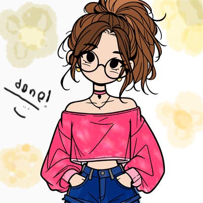 girl with a messy ponytail glasses a baggy crop top and jean shorts