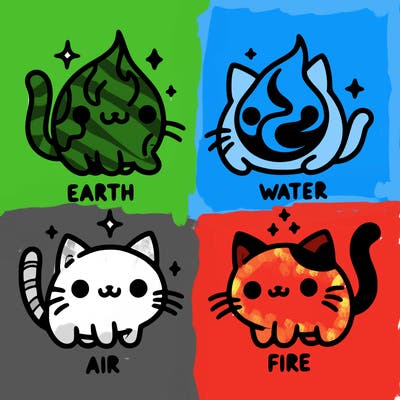 4 cats that represent the different elements, earth, water, air, and fire