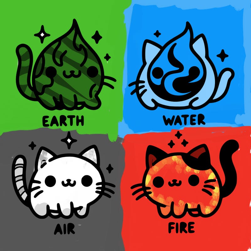 4 cats that represent the different elements, earth, water, air, and fire