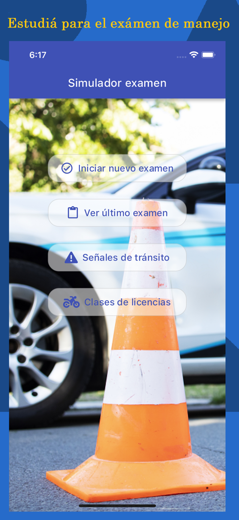 Examen de manejo - Main menu of an Argentinian driving exam simulator app featuring buttons to start an exam, view results, and study traffic signs.