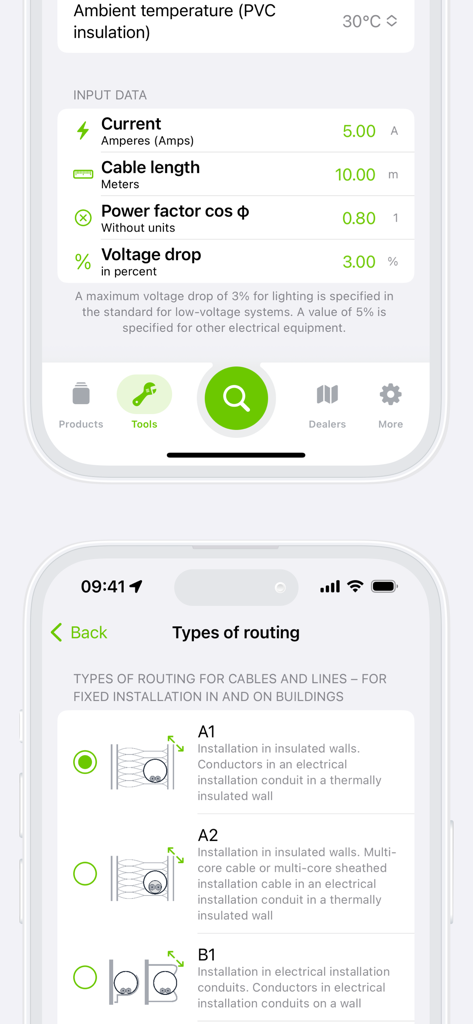 WAGO - Oberfläche der WAGO App, die einen Elektroplanungsrechner für Spannungsabfall und eine Anleitung für Kabelverlegungsarten zeigt.