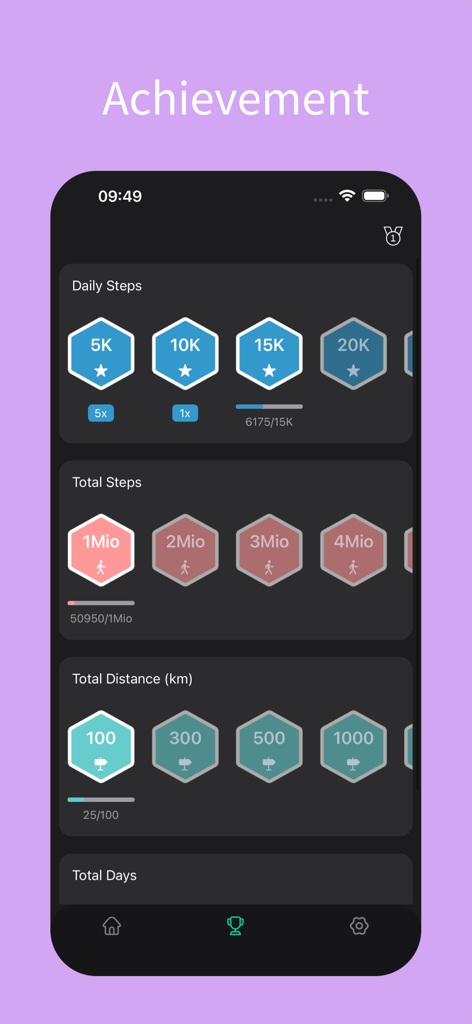 Steps Counter - Pedometer app - Pantalla de logros de la aplicación Steps Counter que muestra insignias hexagonales para pasos diarios y hitos de distancia total
