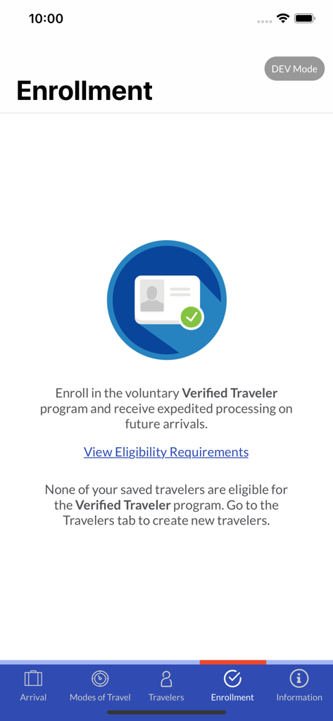CBP ROAM - CBP ROAM app enrollment screen for the Verified Traveler program