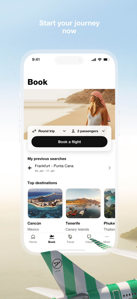 Schermata di prenotazione voli dell'app mobile Condor Airlines con destinazioni di viaggio popolari.