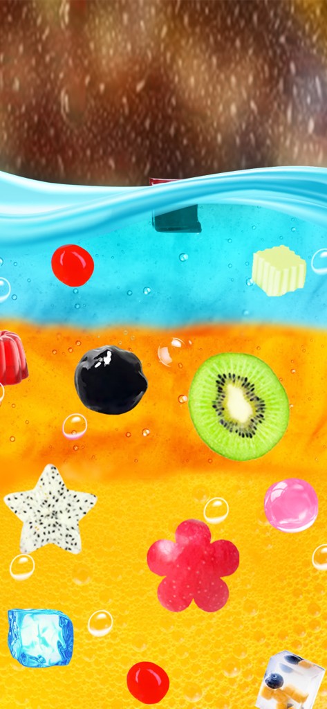 Bebida de chá de bolhas colorida em camadas com coberturas de frutas como kiwi e pitaya