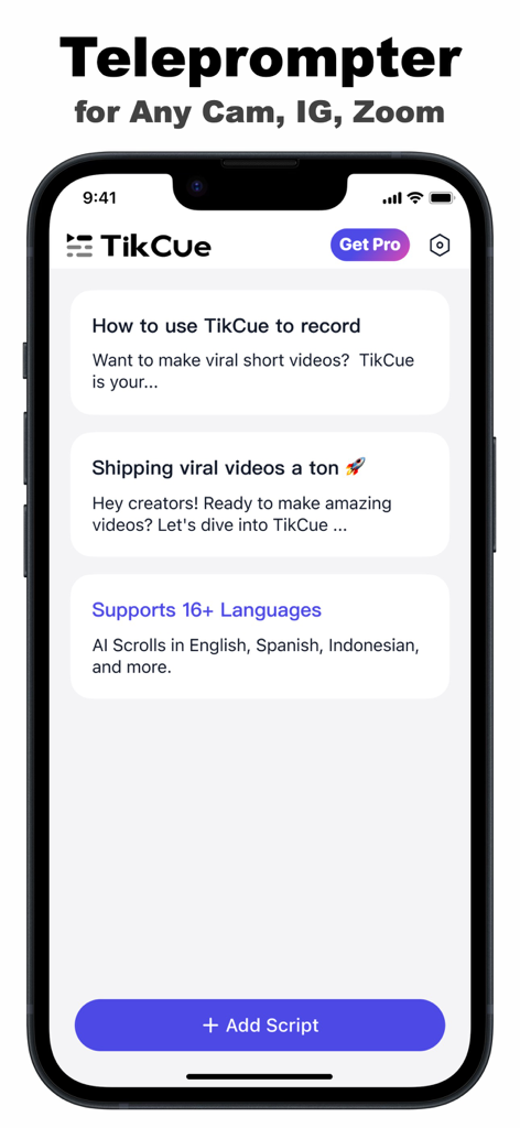 Teleprompter TikCue - Interface of the TikCue teleprompter app showing script options and multi-language support for content creators.