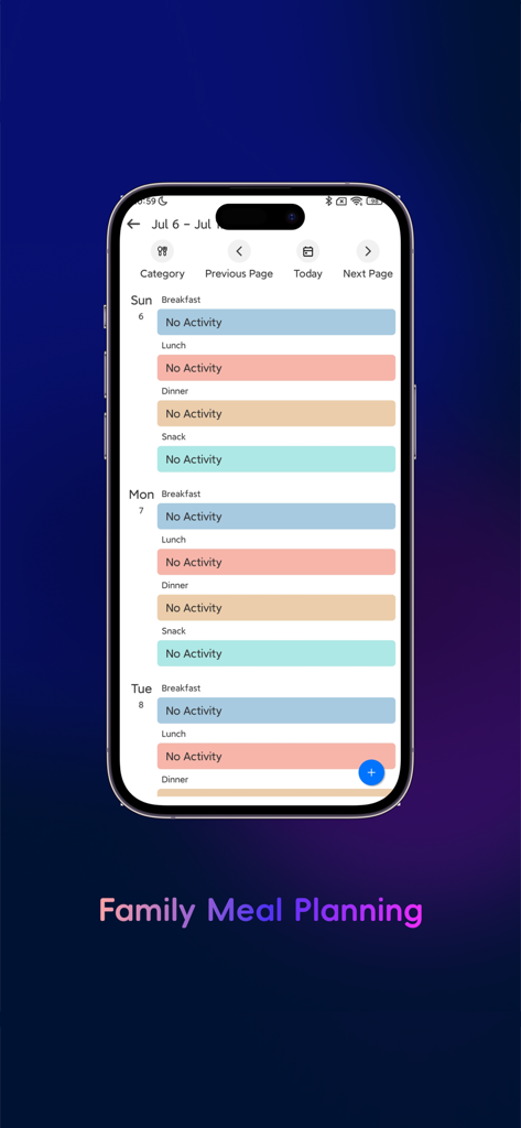 Smartphone screen showing the AiMOR app family meal planning schedule