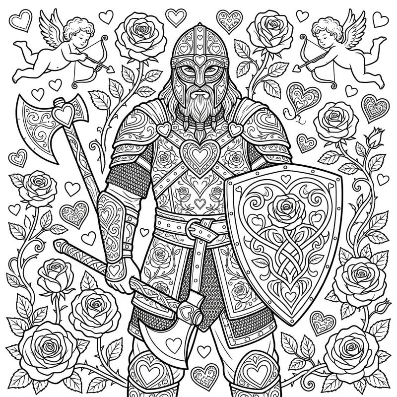 Embark on an epic artistic journey with our Berserker Valentine's Day coloring page, a thrilling fusion of Norse power and romantic charm. This intricate design invites you to transform a formidable warrior into a symbol of unexpected love and creativity.