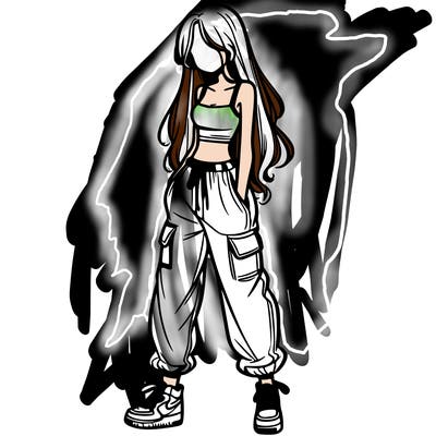 girl in baggy pants crop top and long hair