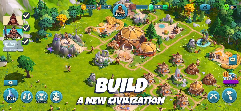 Una aldea de la Edad de Piedra en Rise of Cultures con chozas primitivas y personajes históricos