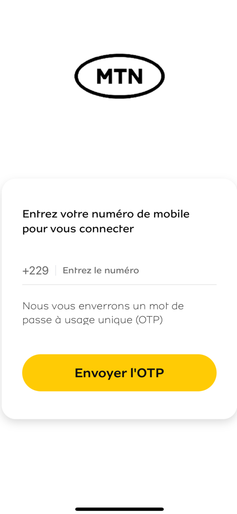 MyMTN BN - Interfaz de inicio de sesión de la aplicación MyMTN BN para ingresar un número de móvil y solicitar una OTP