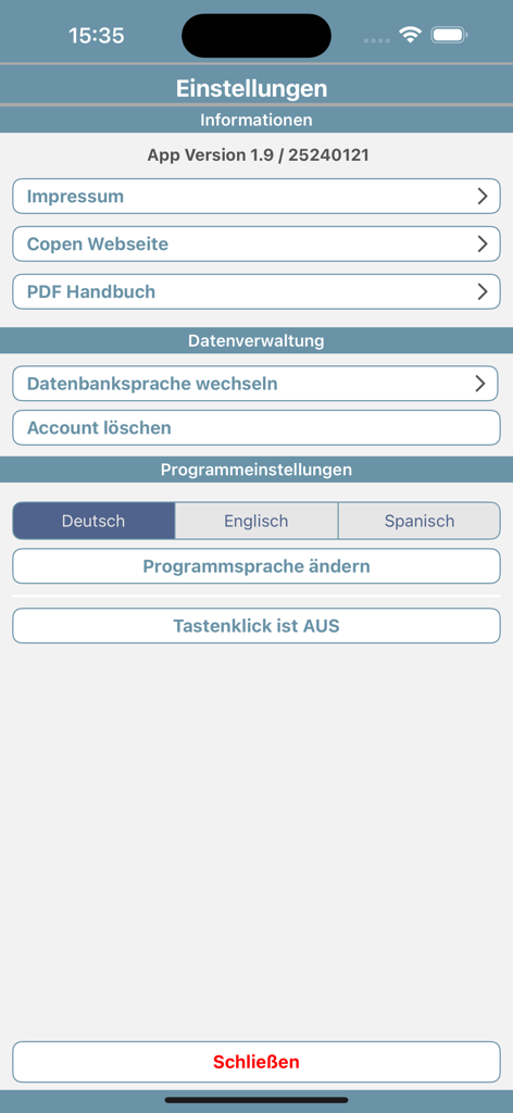 Menú de configuración de la aplicación RatesBook que muestra enlaces de información y opciones de selección de idioma.