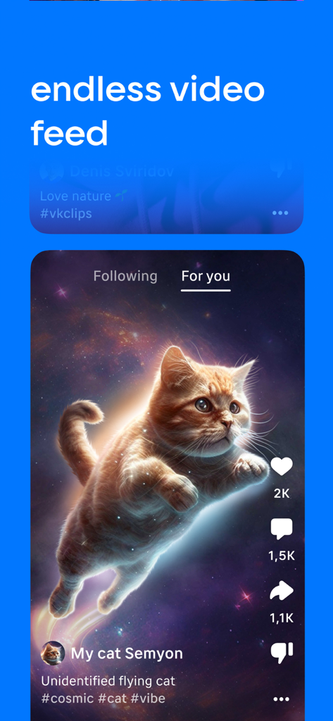 VK Clips App-Oberfläche mit einem endlosen Videofeed, der ein virales kosmische Katzen-Video anzeigt