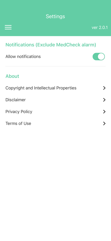 Settings screen of the Union Hospital mobile app showing notification toggle and legal sections.