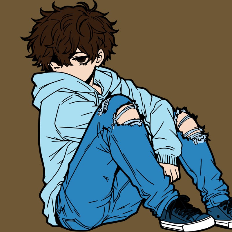 a male hoddie ripped jeans messy hair anime