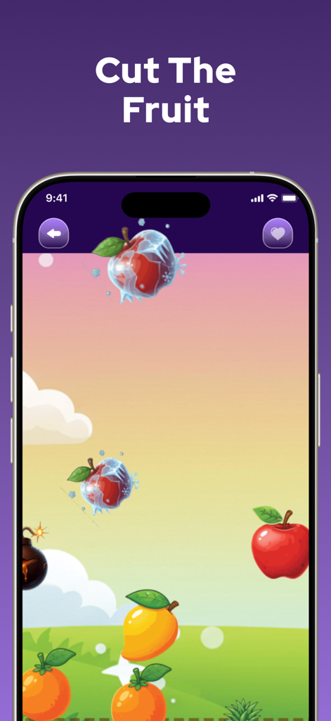 Offline Puzzle Games - No WiFi - Gameplay of Cut The Fruit showing falling apples and oranges in the Offline Puzzle Games app.