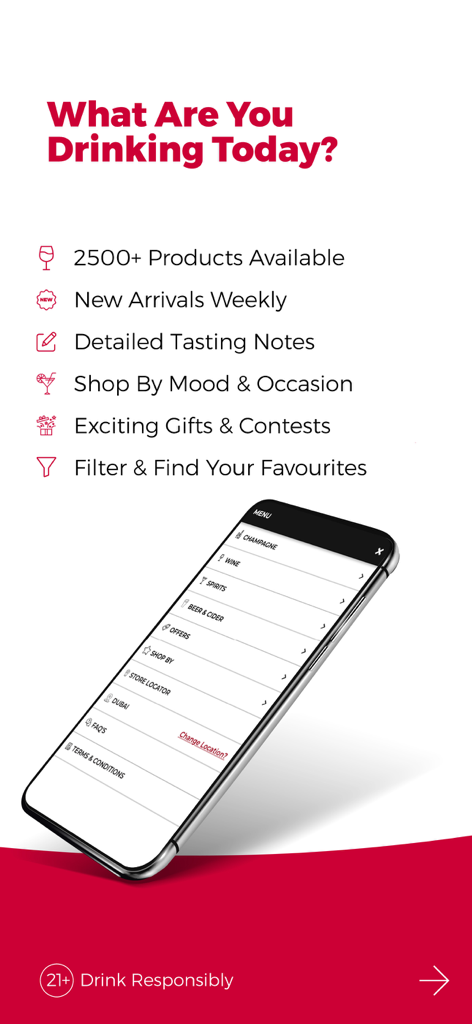 Smartphone displaying the African + Eastern UAE app menu with drink categories and a list of key shopping features like tasting notes and express delivery.