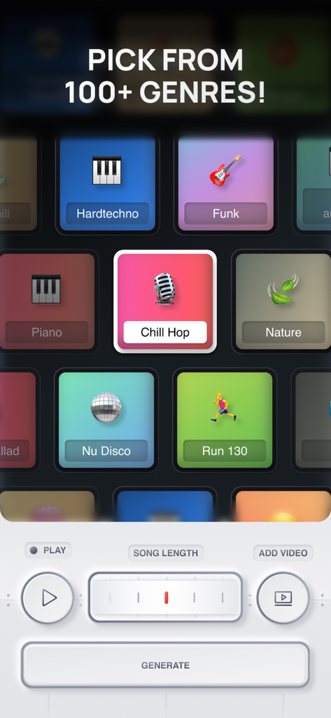 KI-Musikgenerator-App-Oberfläche mit einer Auswahl an Musikgenres wie Chill Hop und Nu Disco