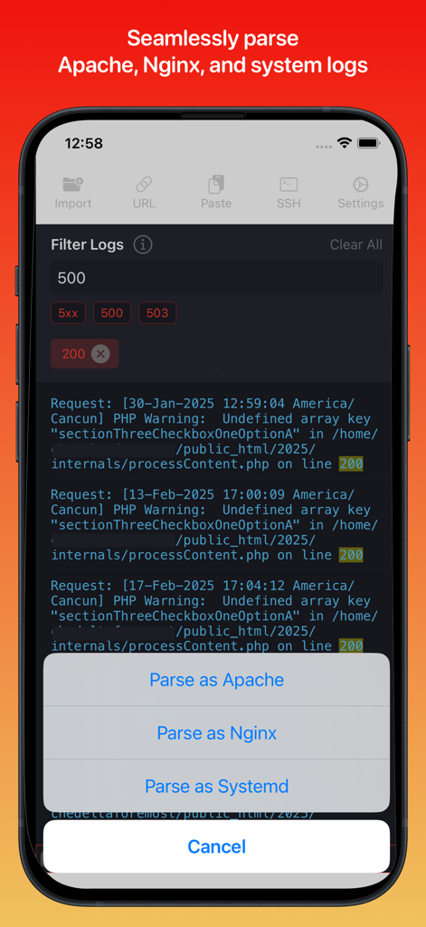 LogShow app interface displaying log filtering and parsing options for Apache, Nginx, and Systemd